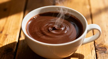 Tahta masada beyaz bir fincanda sıcak kalın çikolata.