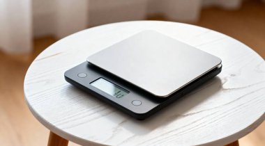 Modern elektronik mutfak terazisi beyaz ahşap masa, yakın plan.