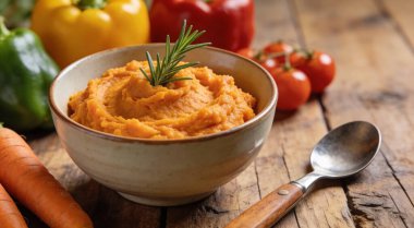 Lezzetli patates püresi biberiyeli, taze sebzeler ve ahşap masada kaşık, yakın plan.