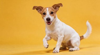 Sarı arka planda şirin Jack Russell Terrier köpeği