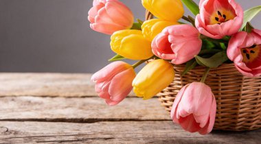 Güzel laleler sepetin içinde ahşap masada, gri arka planda, yakın planda.