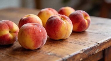 Taze olgun şeftaliler ahşap masada, yakın plan.