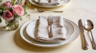 Masa dekorları çok şık. Plakalar, çatal bıçak takımı, peçete ve çiçek dekoru.