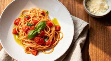 Ev yapımı Pomodoro Pastası. Yukardan düz uzanmış.