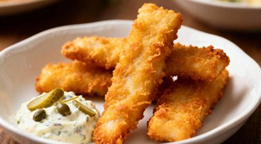 Crispy Fish strips with tartar sauce in a plate