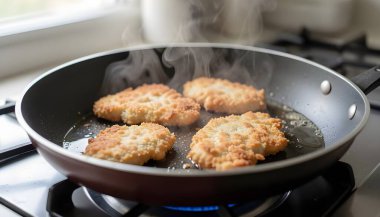 Kızartma tavasında şnitzel pişirmek, yakın çekim görüntüsü