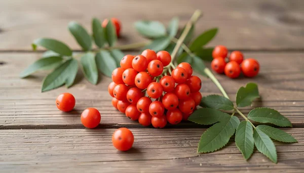 Taze olgun yaban mersini ve yapraklar ahşap masada.