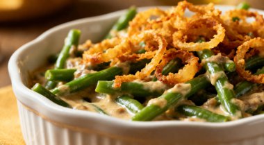 Kızarmış soğanlı yeşil fasulye güveci.