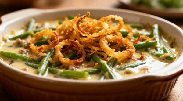 Kızarmış soğanlı yeşil fasulye güveci.