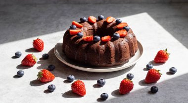 Açık gri desenli masada çilekli ve yaban mersinli lezzetli çikolatalı kek, düz konum.