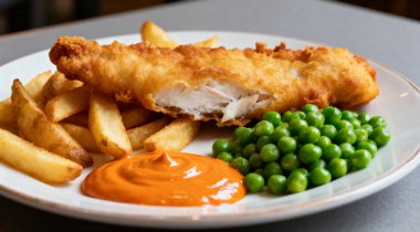 Lezzetli balık cipsi ve bezelye, yakın plan gri masada.