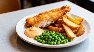 Lezzetli balık cipsi ve bezelye, yakın plan gri masada.