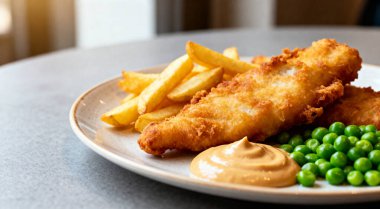 Lezzetli balık cipsi ve bezelye, yakın plan gri masada.