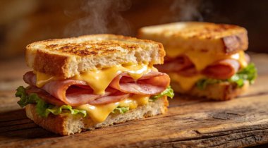 Eritilmiş peynirli ve jambonlu lezzetli sandviçler.