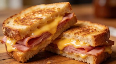 Eritilmiş peynirli ve jambonlu lezzetli sandviçler.