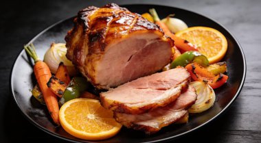 Sebze ve portakalla servis edilen lezzetli jambon siyah masada.