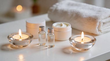 Mumlar ve tablo kozmetik ürünleri güzel spa kompozisyonu