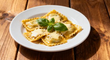 Tahta masada servis edilen peynirli ve fesleğenli lezzetli ravioli.