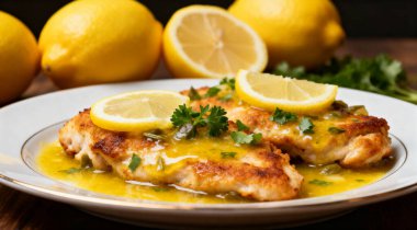 Arka planda limonlu lezzetli tavuklu piccata.