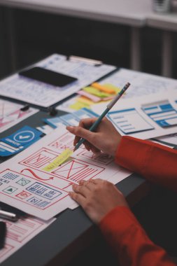 Uxui tasarımcılarından oluşan bir ekip bilgisayar ekranını işaret ederek ofiste yeni mobil uygulama tasarımını tartışıyor.