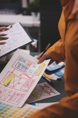 Uxui tasarımcılarından oluşan bir ekip bilgisayar ekranını işaret ederek ofiste yeni mobil uygulama tasarımını tartışıyor.