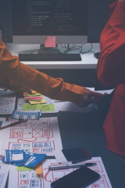 Uxui tasarımcılarından oluşan bir ekip bilgisayar ekranını işaret ederek ofiste yeni mobil uygulama tasarımını tartışıyor.