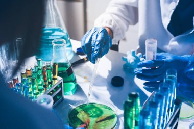 Bilim, laboratuvar ve araştırmada pipeti, deney tüpü ve biyoteknoloji çözeltisi olan kadın. Tıbbi yenilik, bilim adamı veya laboratuvar teknisyeni sağlık, ilaç ve aşı çalışmaları geri besleme sonuçları.