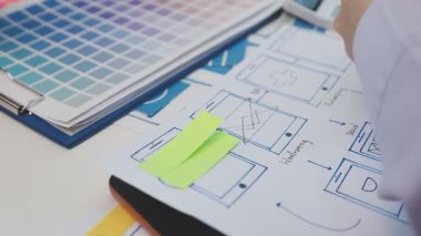 Uxui tasarımcılarından oluşan bir ekip bilgisayar ekranını işaret ederek ofiste yeni mobil uygulama tasarımını tartışıyor.