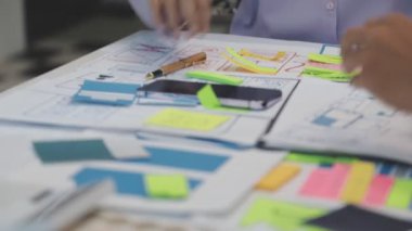 Uxui tasarımcılarından oluşan bir ekip bilgisayar ekranını işaret ederek ofiste yeni mobil uygulama tasarımını tartışıyor.