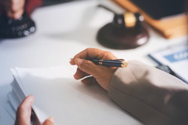 Yargıç Gavin ve Adalet Avukatları 'nın arka plandaki hukuk firmasında takım toplantısı var. Ofiste müvekkili olan noter.