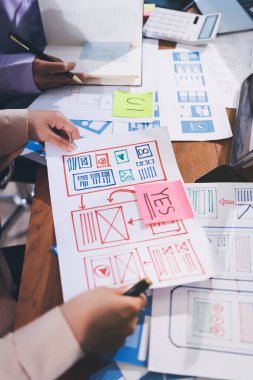 Mobil uygulama arayüzü kablo dizaynı hakkında modern ofisteki müşteri breif ve renk kodu ile fikir alışverişinde bulunan uu geliştirici ve ui tasarımcısını kapat. Yaratıcı dijital geliştirme ajansı.