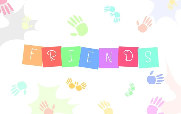 Ευτυχισμένη Ημέρα Φιλίας φόντο με χαριτωμένο μικρά αγόρια και κορίτσια εικονογράφηση και πολύχρωμο κείμενο Φίλοι. — Διανυσματικό Αρχείο
