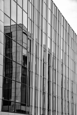 Dikey yüzgeçleri ve tarihi bina yansıması, soyut mimarisi olan siyah beyaz modern ofis cephesi