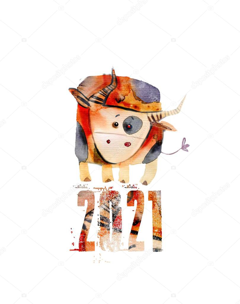 funny watercolor bull, new year 2021, funny cattle, stylized animal, white background, farm cattle, horns, hooves, spotted skin, tail, bright colors, symbol, Taurus horoscope