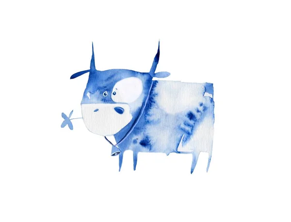Akwarela Krowa Wesoły Byk Śmieszne Zwierzę Niebieski Kolor Byk Maskotka — Zdjęcie stockowe