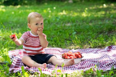 Sevimli küçük oğlan açık çilek yiyor