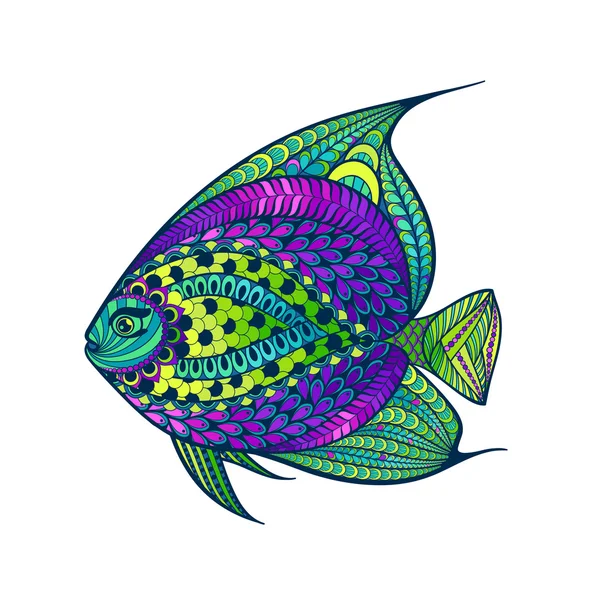 ปลาสไตล์ Zentangle ที่มีพื้นหลังที่มีสีสันนามธรรม มือ — ภาพเวกเตอร์สต็อก