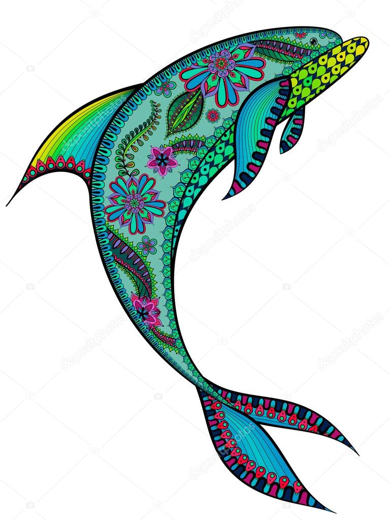 Hand drawn stylized dolphin with abstract colorful background. V