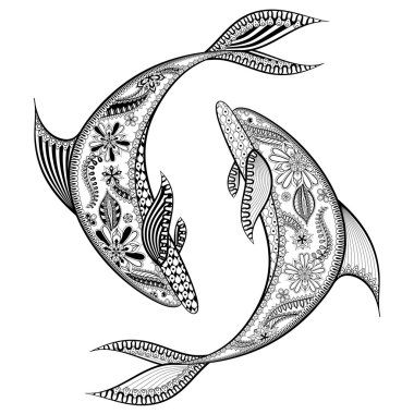 Zentangle yunuslar stilize. Elle çizilmiş vektör çizim isol