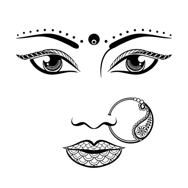 Hand drawn face of an Indian woman in zentangle style. Sketch ve — Stock Vector