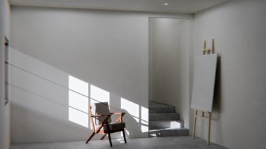 Boş bir sanat stüdyosunun ya da tefekkür odasının minimalist üç boyutlu iç mekanı. Ahşap ve kumaş sandalye güçlü bir öğleden sonra güneşi ve gölgeyle yıkandı. Şövalesi ve merdivenleri olan modern, boş bir oda. Barış, yalnızlık, sanat ve tasarım kavramı.
