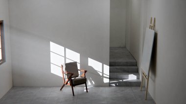 Boş bir sanat stüdyosunun ya da tefekkür odasının minimalist üç boyutlu iç mekanı. Ahşap ve kumaş sandalye güçlü bir öğleden sonra güneşi ve gölgeyle yıkandı. Şövalesi ve merdivenleri olan modern, boş bir oda. Barış, yalnızlık, sanat ve tasarım kavramı.