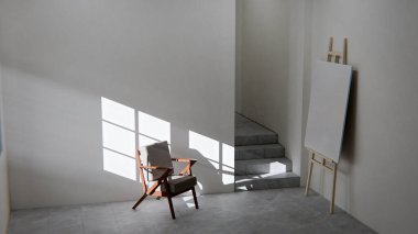 Boş bir sanat stüdyosunun ya da tefekkür odasının minimalist üç boyutlu iç mekanı. Ahşap ve kumaş sandalye güçlü bir öğleden sonra güneşi ve gölgeyle yıkandı. Şövalesi ve merdivenleri olan modern, boş bir oda. Barış, yalnızlık, sanat ve tasarım kavramı.