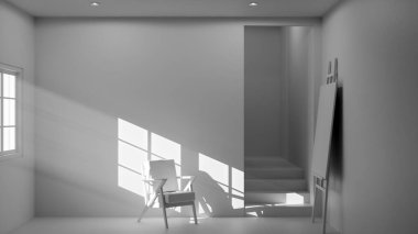 Boş bir sanat stüdyosunun ya da tefekkür odasının minimalist üç boyutlu iç mekanı. Ahşap ve kumaş sandalye güçlü bir öğleden sonra güneşi ve gölgeyle yıkandı. Şövalesi ve merdivenleri olan modern, boş bir oda. Barış, yalnızlık, sanat ve tasarım kavramı.