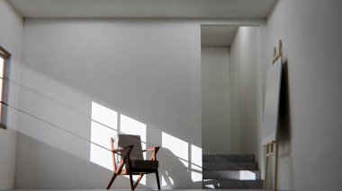 Boş bir sanat stüdyosunun ya da tefekkür odasının minimalist üç boyutlu iç mekanı. Ahşap ve kumaş sandalye güçlü bir öğleden sonra güneşi ve gölgeyle yıkandı. Şövalesi ve merdivenleri olan modern, boş bir oda. Barış, yalnızlık, sanat ve tasarım kavramı.