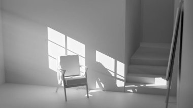 Boş bir sanat stüdyosunun ya da tefekkür odasının minimalist üç boyutlu iç mekanı. Ahşap ve kumaş sandalye güçlü bir öğleden sonra güneşi ve gölgeyle yıkandı. Şövalesi ve merdivenleri olan modern, boş bir oda. Barış, yalnızlık, sanat ve tasarım kavramı.