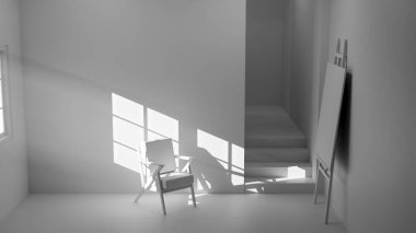 Boş bir sanat stüdyosunun ya da tefekkür odasının minimalist üç boyutlu iç mekanı. Ahşap ve kumaş sandalye güçlü bir öğleden sonra güneşi ve gölgeyle yıkandı. Şövalesi ve merdivenleri olan modern, boş bir oda. Barış, yalnızlık, sanat ve tasarım kavramı.