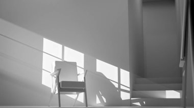 Boş bir sanat stüdyosunun ya da tefekkür odasının minimalist üç boyutlu iç mekanı. Ahşap ve kumaş sandalye güçlü bir öğleden sonra güneşi ve gölgeyle yıkandı. Şövalesi ve merdivenleri olan modern, boş bir oda. Barış, yalnızlık, sanat ve tasarım kavramı.