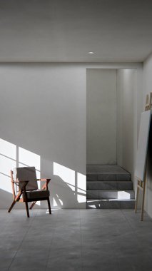 Boş bir sanat stüdyosunun ya da tefekkür odasının minimalist üç boyutlu iç mekanı. Ahşap ve kumaş sandalye güçlü bir öğleden sonra güneşi ve gölgeyle yıkandı. Şövalesi ve merdivenleri olan modern, boş bir oda. Barış, yalnızlık, sanat ve tasarım kavramı.