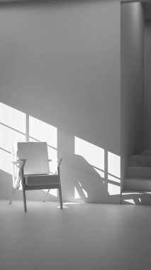 Boş bir sanat stüdyosunun ya da tefekkür odasının minimalist üç boyutlu iç mekanı. Ahşap ve kumaş sandalye güçlü bir öğleden sonra güneşi ve gölgeyle yıkandı. Şövalesi ve merdivenleri olan modern, boş bir oda. Barış, yalnızlık, sanat ve tasarım kavramı.